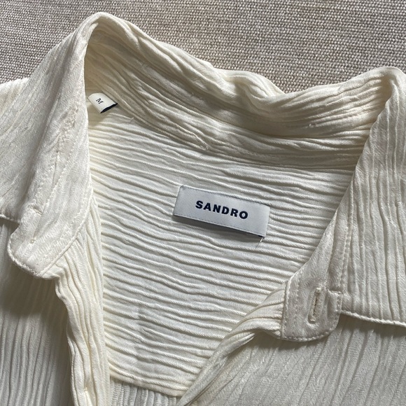 Sandro Textured Crinkled Satin Short Sleeve Button Down Shirt Cream Off White M - Picture 5 of 8